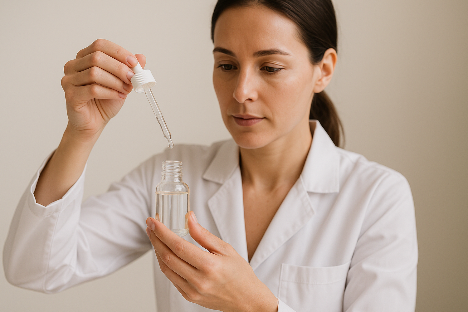 Female skincare professional filling dropper bottle